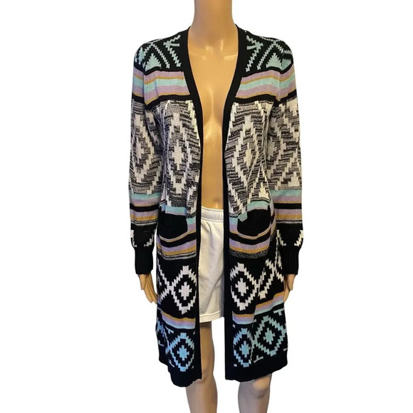 NOBO Southwestern Duster Cardigan Sweater Aztec Knit Artsy Women M Pocket Grunge - Picture 1 of 10